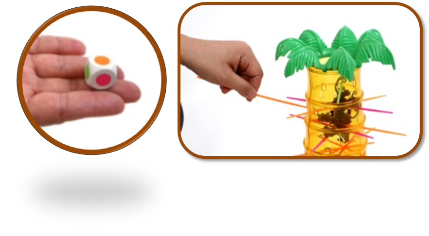 주사위를 굴려 주황색이 나왔으니 주황색 막대를 야자 나무 가장 위에서 뽑는다. 